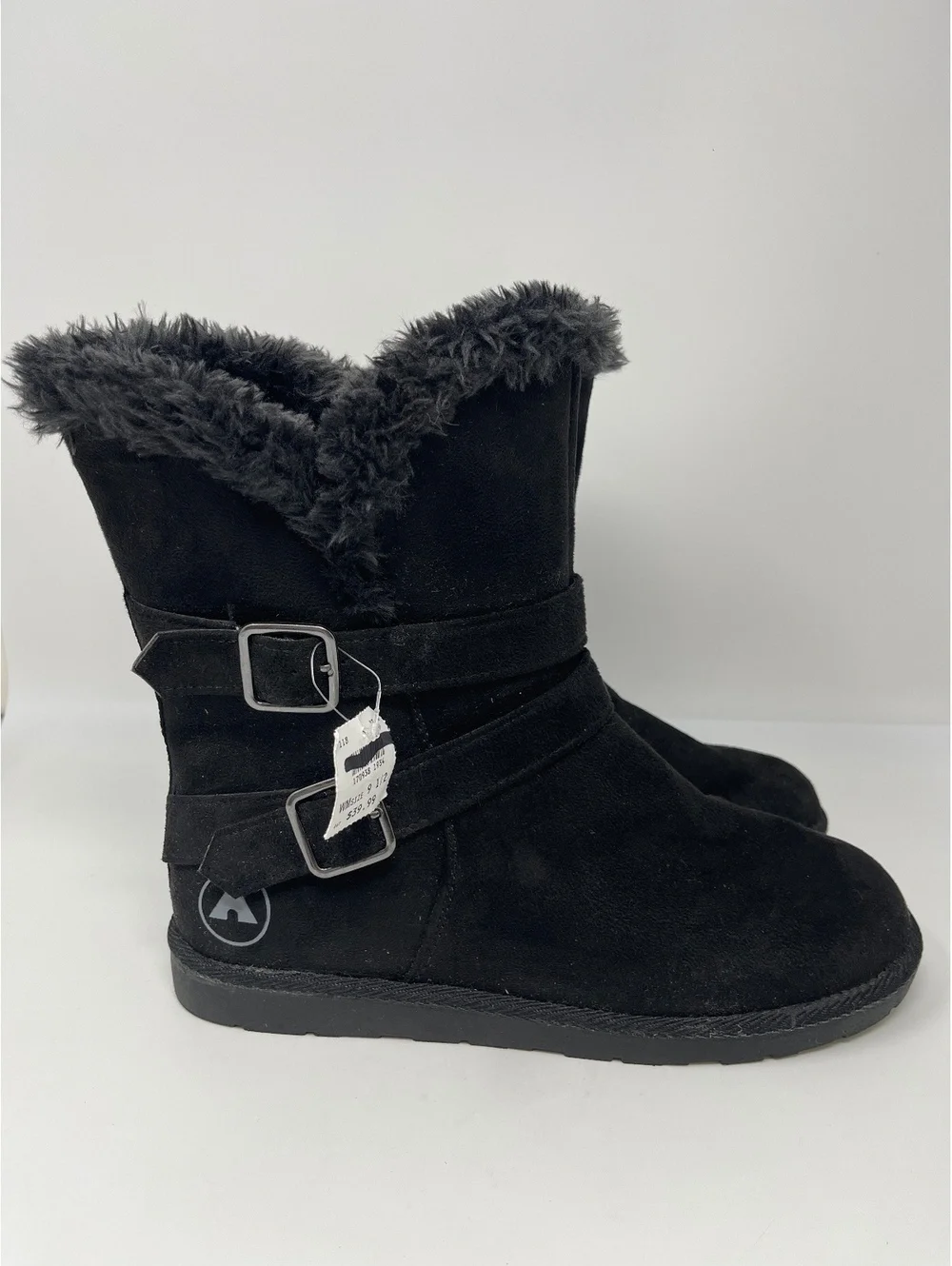 Airwalk Womens Size 9.5 Black Suede Faux Fur Trim Double Buckle Winter Boots